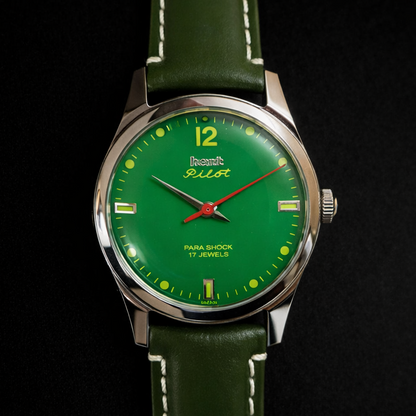 Vintage MOD HMT Pilot Hand Winding 17 Jewels Green Face Green Band Men's Wrist Watch C42