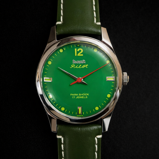 Vintage MOD HMT Pilot Hand Winding 17 Jewels Green Face Green Band Men's Wrist Watch C42