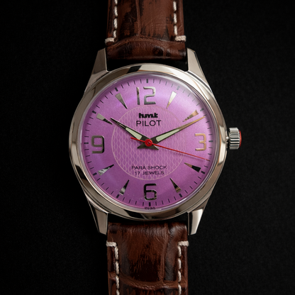 Vintage Mod HMT Pilot Hand Winding 17 Jewels Purple Face Brown Band Men's Wrist Watch B05