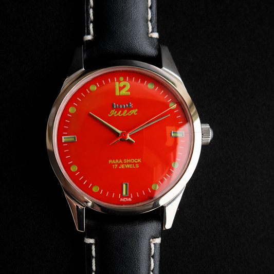 Vintage MOD HMT Pilot Hand Winding 17 Jewels Orange Face Black Leather Strap Men's Wrist Watch F77