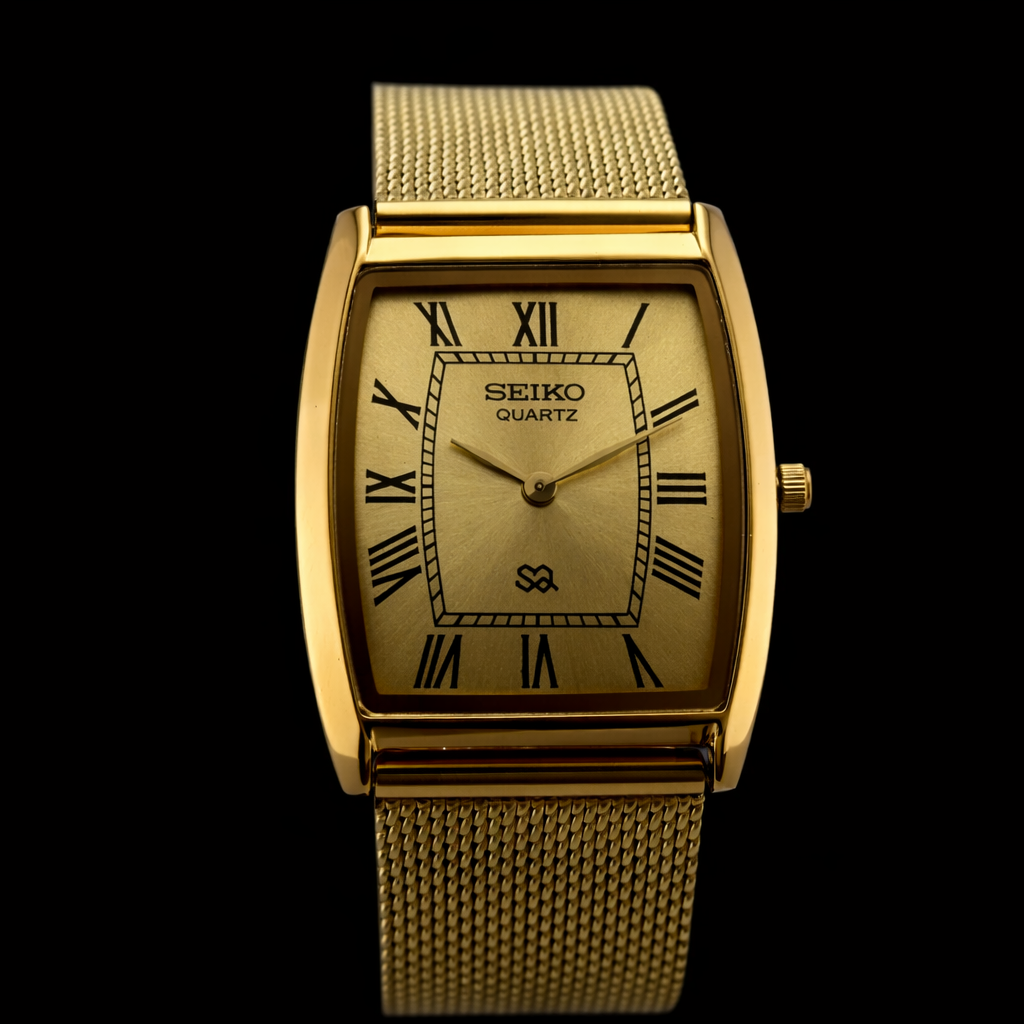 MOD Seiko Slim Barrel Quartz Golden Face Mesh Band Men's Wrist Watch C93
