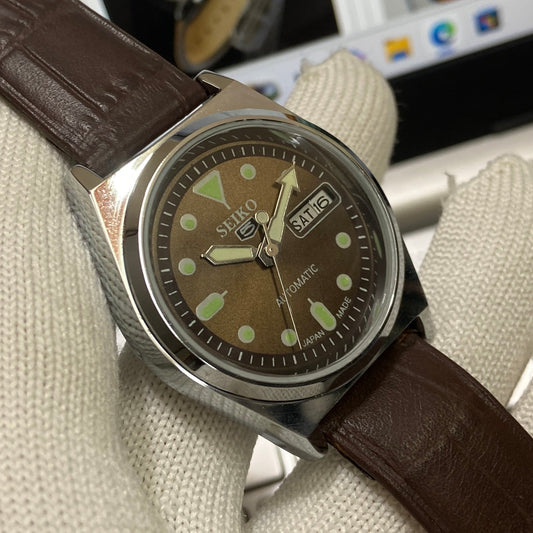 Vintage Seiko 5 Automatic 17Jewels Cal. 6309 Brown Face Brown Band Men's Wrist Watch SB01