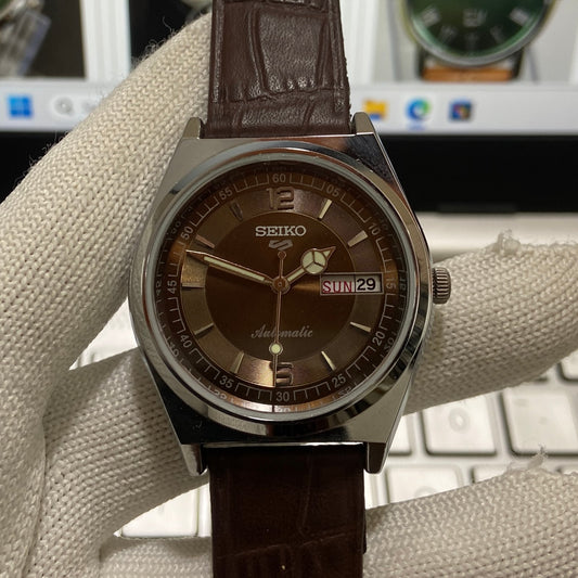 Vintage Seiko 5 Automatic 17Jewels Cal. 6309 Brown Face Brown Band Men's Wrist Watch SB02