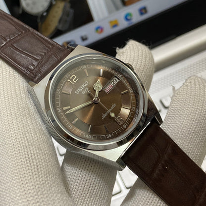 Vintage Seiko 5 Automatic 17Jewels Cal. 6309 Brown Face Brown Band Men's Wrist Watch SB02