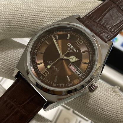 Vintage Seiko 5 Automatic 17Jewels Cal. 6309 Brown Face Brown Band Men's Wrist Watch SB02