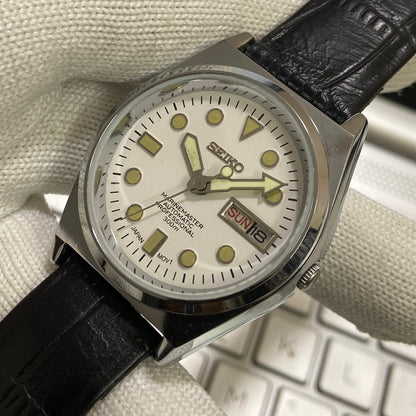Vintage Seiko 5 Automatic 17Jewels Cal. 6309 White Face Black Band Men's Wrist Watch SB04