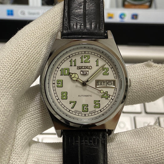 Vintage Seiko 5 Automatic 17Jewels Cal. 6309 White Face Black Band Men's Wrist Watch SB06