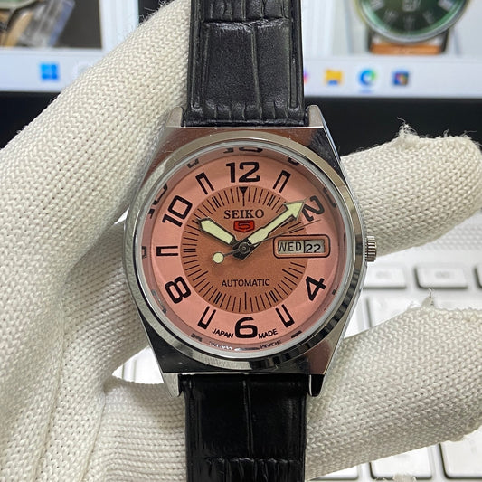 Vintage Seiko 5 Automatic 17Jewels Cal. 6309 Copper Face Black Band Men's Wrist Watch SB07