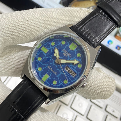 Vintage Seiko 5 Automatic 17Jewels Cal. 6309 Blue Face Black Band Men's Wrist Watch SB09