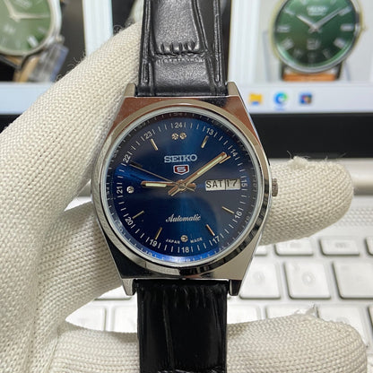 Vintage Seiko 5 Automatic17Jewels Cal. 6309 Blue Face Black Band Men's Wrist Watch SB10