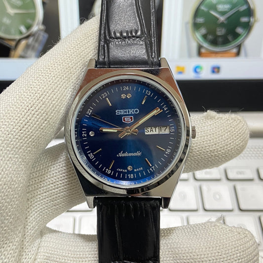 Vintage Seiko 5 Automatic17Jewels Cal. 6309 Blue Face Black Band Men's Wrist Watch SB10