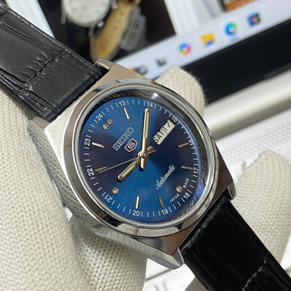 Vintage Seiko 5 Automatic17Jewels Cal. 6309 Blue Face Black Band Men's Wrist Watch SB10