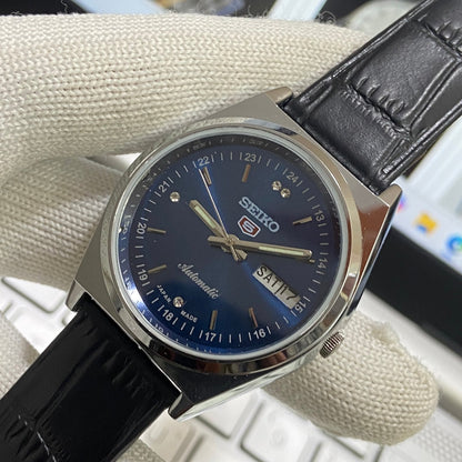 Vintage Seiko 5 Automatic17Jewels Cal. 6309 Blue Face Black Band Men's Wrist Watch SB10