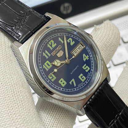 Vintage Seiko 5 Automatic17Jewels Cal. 6309 Blue Face Black Band Men's Wrist Watch SB13
