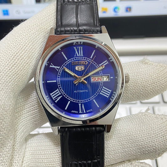 Vintage Seiko 5 Automatic17Jewels Cal. 6309 Blue Face Black Band Men's Wrist Watch SB14