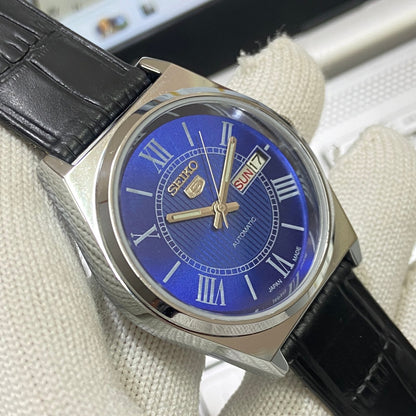 Vintage Seiko 5 Automatic17Jewels Cal. 6309 Blue Face Black Band Men's Wrist Watch SB14