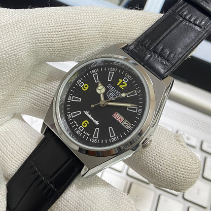 Vintage Seiko 5 Automatic17Jewels Cal. 6309 Black Face Black Band Men's Wrist Watch SB15