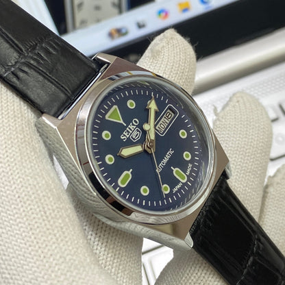 Vintage Seiko 5 Automatic17Jewels Cal. 6309 Blue Face Black Band Men's Wrist Watch SB18