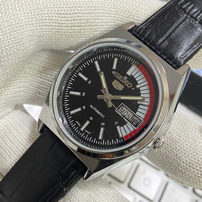 Vintage Seiko 5 Automatic17Jewels Cal. 6309 Black Face Black Band Men's Wrist Watch SB23