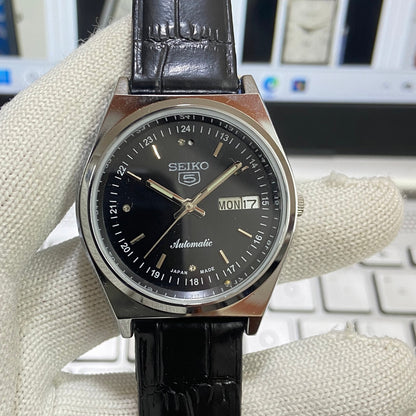 Vintage Seiko 5 Automatic17Jewels Cal. 6309 Black Face Black Band Men's Wrist Watch SB24