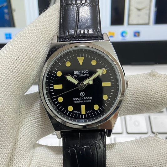 Vintage Seiko 5 Automatic17Jewels Cal. 6309 Black Face Black Band Men's Wrist Watch SB25