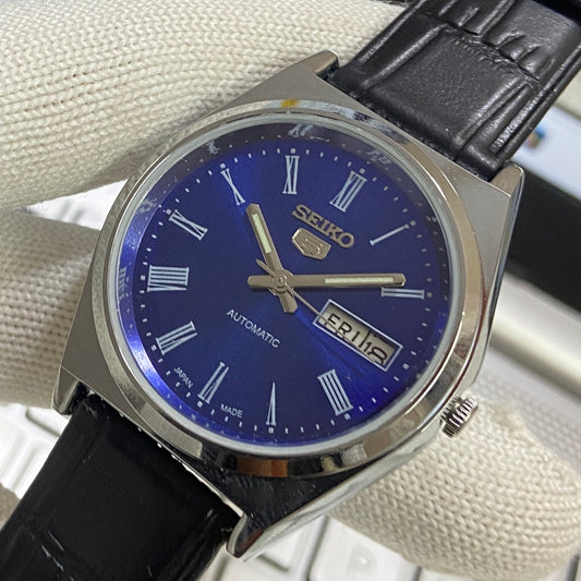 Vintage Seiko 5 Automatic17Jewels Cal. 6309 Blue Face Black Band Men's Wrist Watch SB27