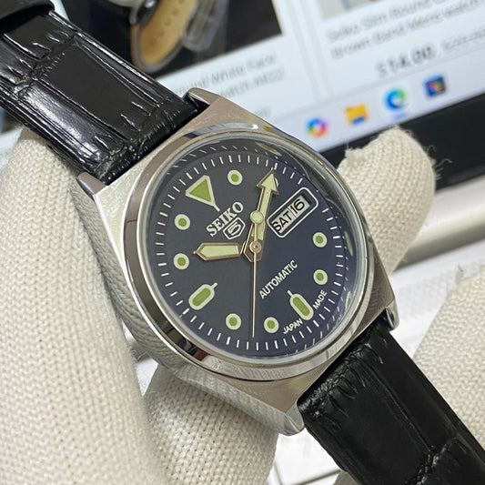 Vintage Seiko 5 Automatic17Jewels Cal. 6309 Blue Face Black Band Men's Wrist Watch SB28