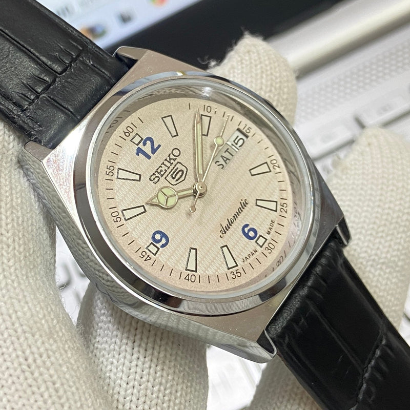 Vintage MOD Seiko 5 Automatic17Jewels Cal. 6309 White Face Black Band Men's Wrist Watch SB29