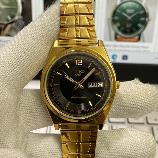 Vintage Seiko 5 Gold Plated Automatic 17 Jewels Cal. 6309 Black Face Men's Wrist Watch SC07