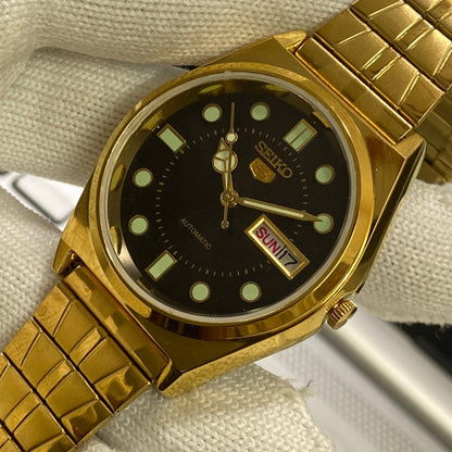 Vintage Seiko 5 Gold Plated Automatic 17 Jewels Cal. 6309 Black Face Men's Wrist Watch SC08