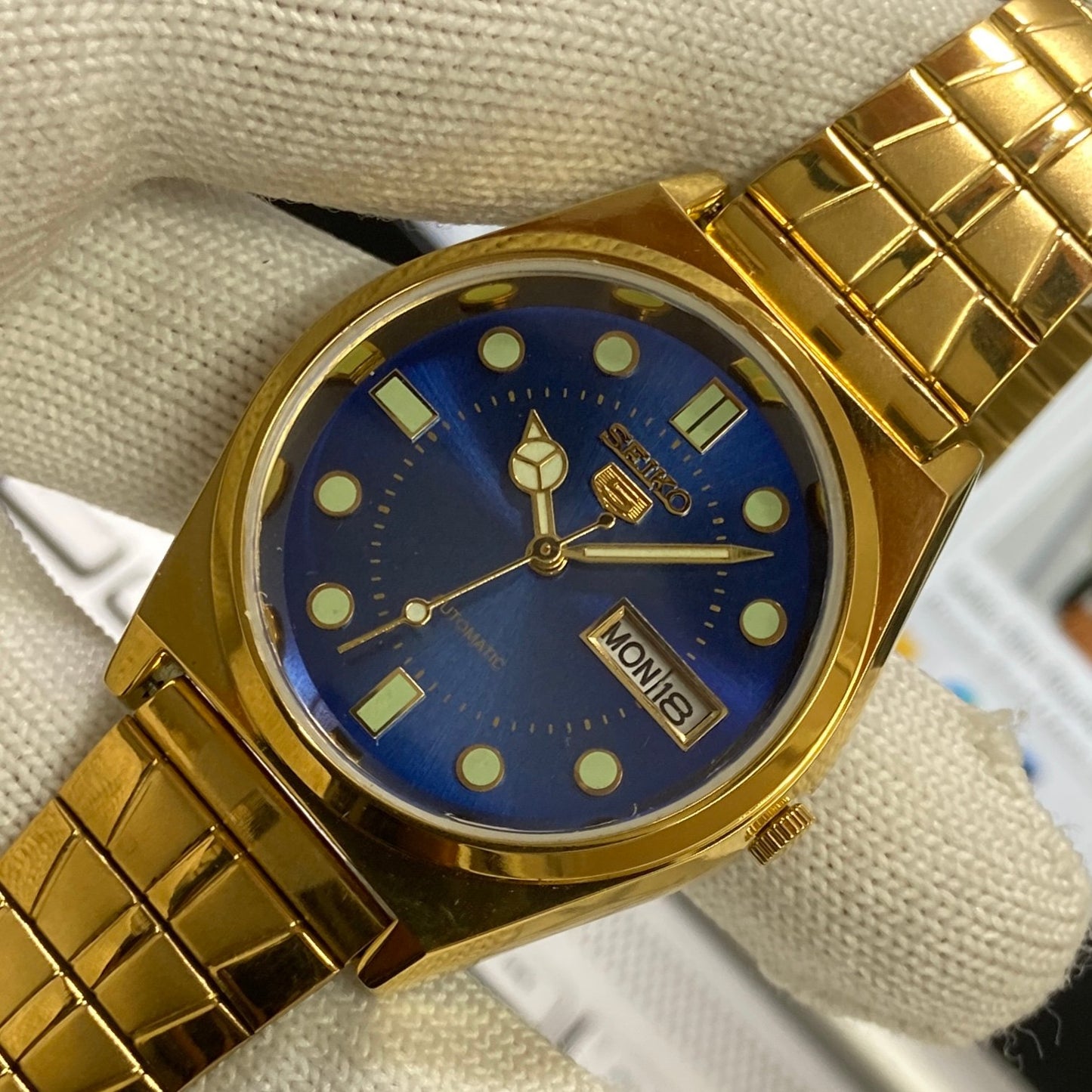 Vintage Seiko 5 Gold Plated Automatic 17 Jewels Cal. 6309 Blue Face Men's Wrist Watch SC09