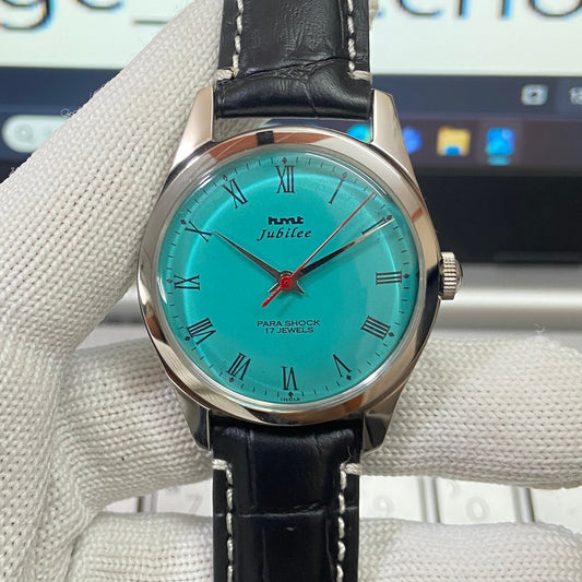 Vintage Mod HMT Jubilee Hand Winding 17 Jewels Tiffany Blue Face Men's Wrist Watch B01