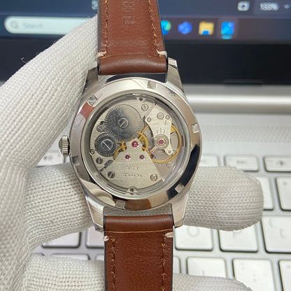 Vintage Mod HMT Jubilee Hand Winding 17 Jewels White Face Brown Band Men's Wrist Watch B02
