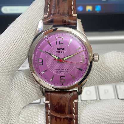 Vintage Mod HMT Pilot Hand Winding 17 Jewels Purple Face Brown Band Men's Wrist Watch B05