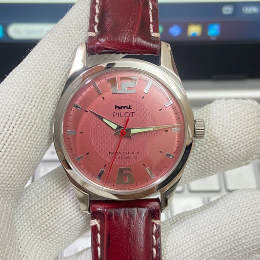 Vintage Mod HMT Pilot Hand Winding 17 Jewels Pink Face Brown Face Men's Wrist Watch B06