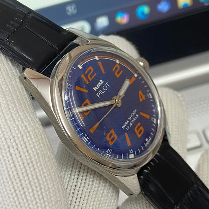 Vintage Mod HMT Pilot Hand Winding 17 Jewels Blue Face Black Band Men's Wrist Watch B06