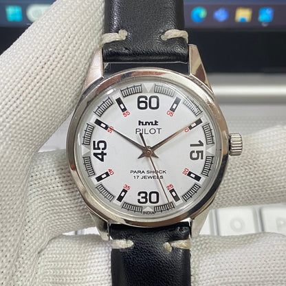 Vintage HMT Pilot Hand Winding 17 Jewels White Face Black Band Men's Wrist Watch B07
