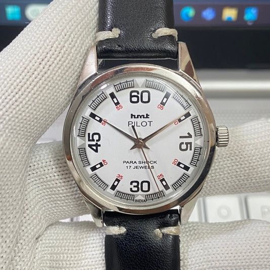 Vintage HMT Pilot Hand Winding 17 Jewels White Face Black Band Men's Wrist Watch B07