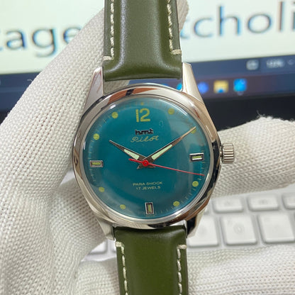 Vintage HMT Pilot Hand Winding 17 Jewels Green Face Green Band Men's Wrist Watch B08
