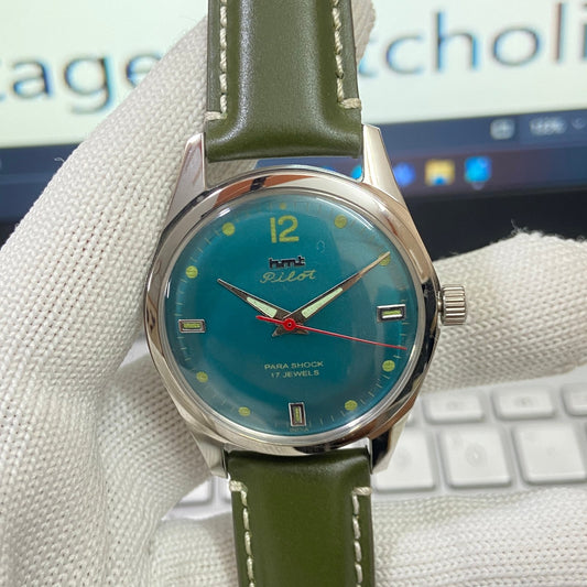 Vintage HMT Pilot Hand Winding 17 Jewels Green Face Green Band Men's Wrist Watch B08