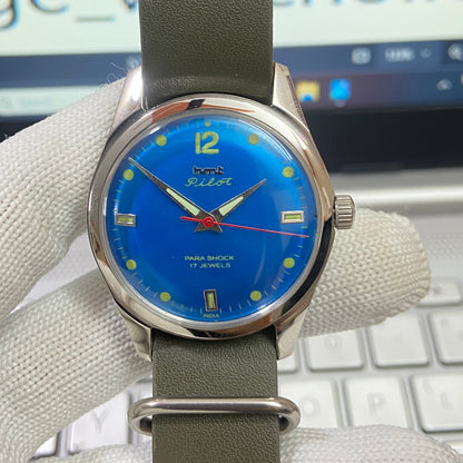 Vintage HMT Pilot Hand Winding 17 Jewels Blue Face Green Nato Band Men's Wrist Watch B09