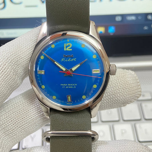 Vintage HMT Pilot Hand Winding 17 Jewels Blue Face Green Nato Band Men's Wrist Watch B09
