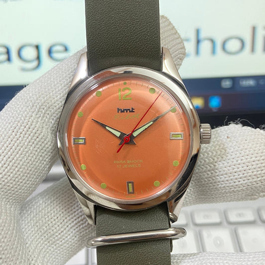 Vintage HMT Pilot Hand Winding 17 Jewels Orange Face Green Nato Band Men's Wrist Watch B10