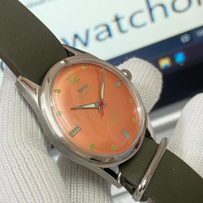 Vintage HMT Pilot Hand Winding 17 Jewels Orange Face Green Nato Band Men's Wrist Watch B10