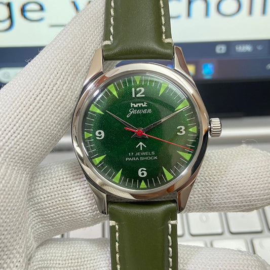 Vintage HMT Jawan Hand Winding 17 Jewels Green Face Green Band Men's Wrist Watch B11