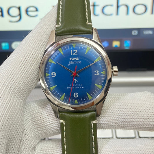 Vintage HMT Jawan Hand Winding 17 Jewels Blue Face Green Band Men's Wrist Watch B12