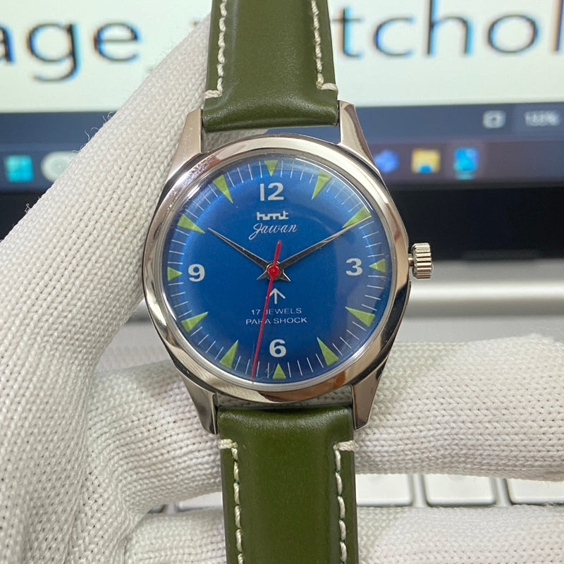 Vintage MOD HMT Jawan Hand Winding 17 Jewels Blue Face Green Band Men's Wrist Watch B12