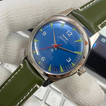 Vintage HMT Jawan Hand Winding 17 Jewels Blue Face Green Band Men's Wrist Watch B12