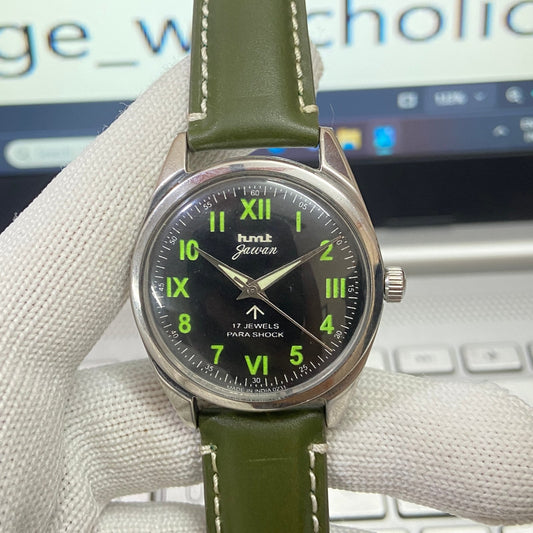 Vintage HMT Jawan Hand Winding 17 Jewels Black Face Green Band Men's Wrist Watch B13