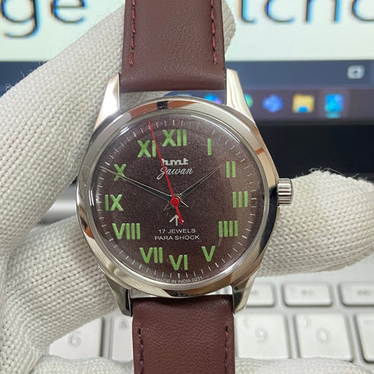 Vintage HMT Jawan Hand Winding 17 Jewels Brown Face Brown Band Men's Wrist Watch B14